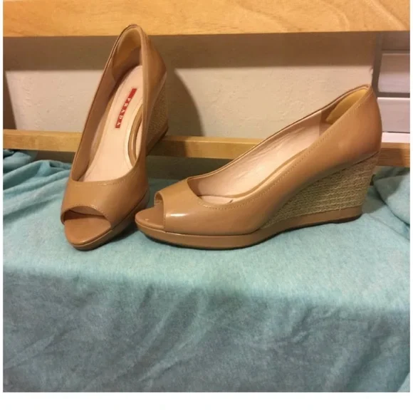 Authentic PRADA Women Patent Leather Wedge size 6.5